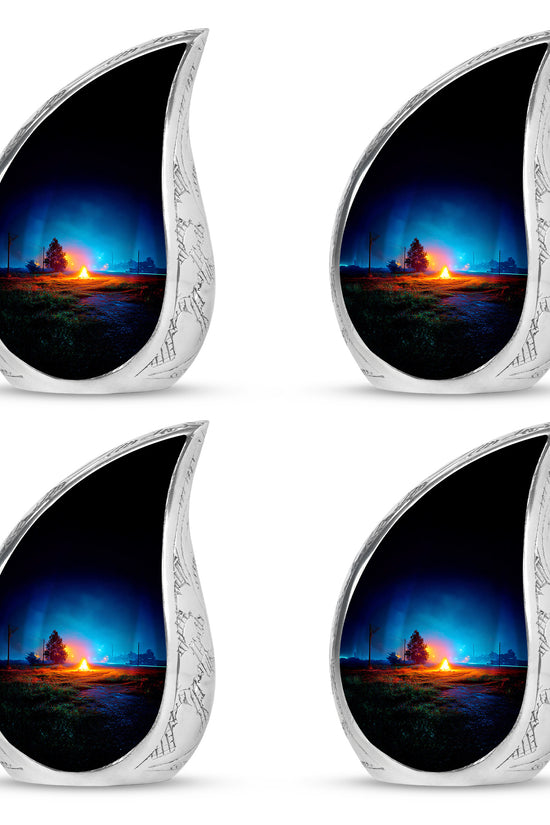 Misty Blue Campfire Cremation Urn close-up of engraving and surface detail - rounded teardrop campfire design with delicate detail - 10 inch aluminum urn for cremated remains