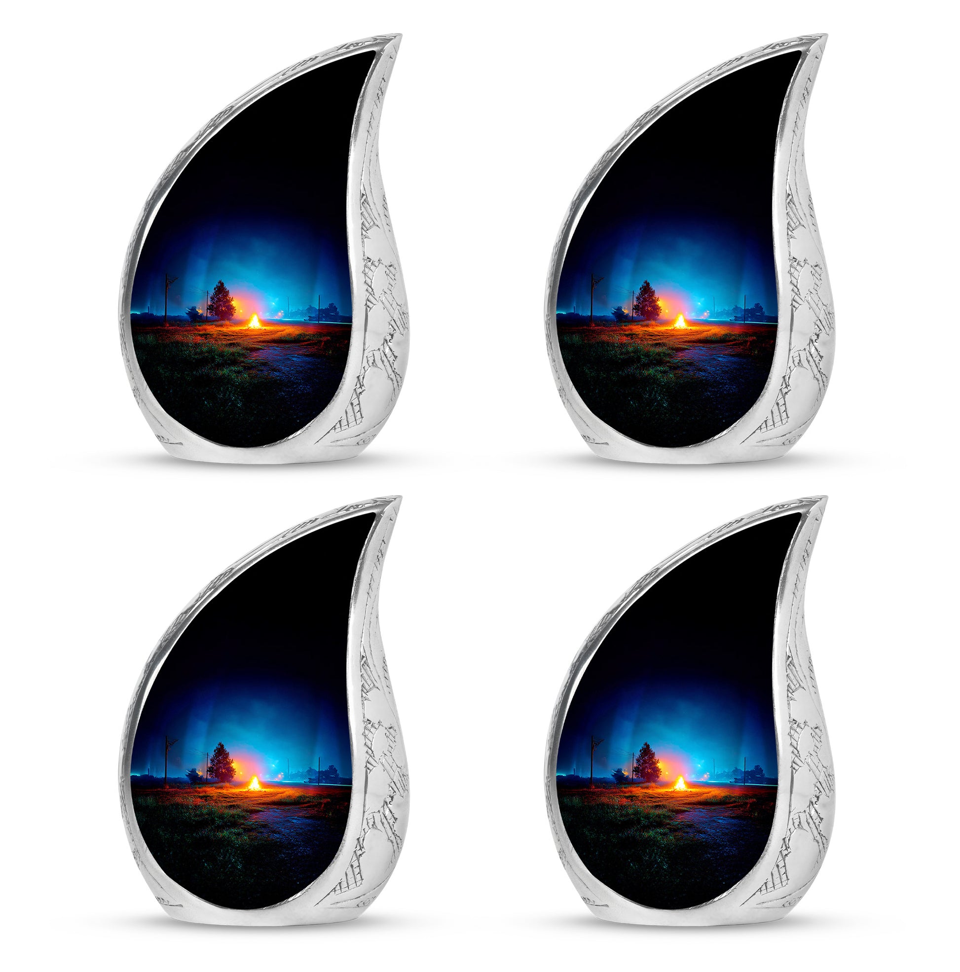 Misty Blue Campfire Cremation Urn close-up of engraving and surface detail - rounded teardrop campfire design with delicate detail - 10 inch aluminum urn for cremated remains