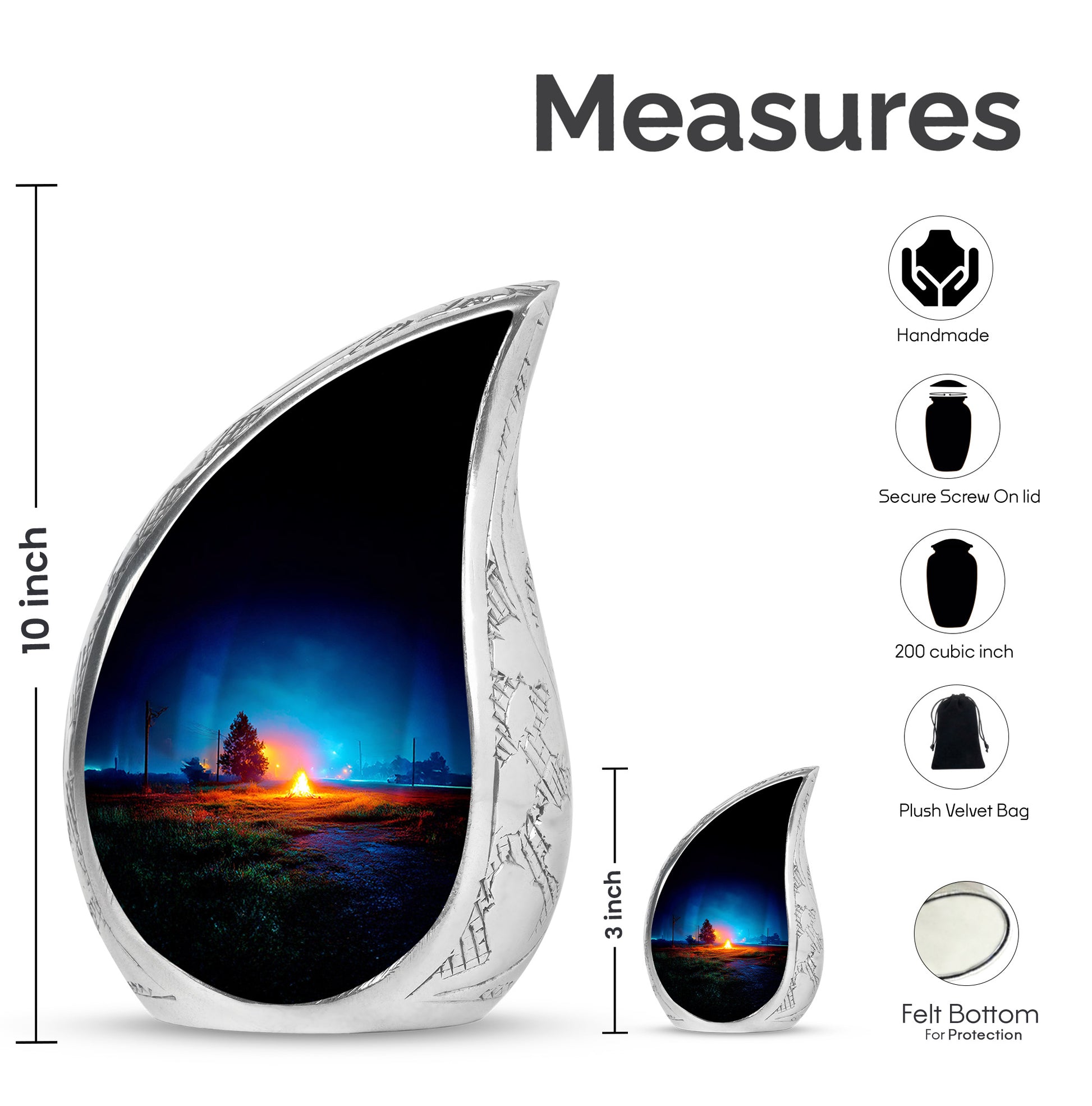 Bright Blue Campfire Cremation Urn angled view of lid and engraved motif - graceful tear-shaped urn with campfire motif - mini keepsake memorial for portion of cremation ashes