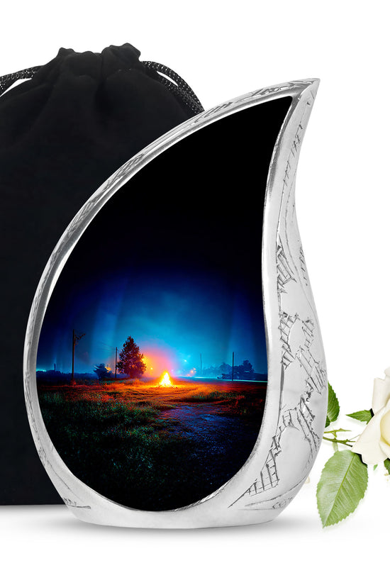 Slate Blue Campfire Cremation Urn front view showing detailed design - rounded teardrop campfire design with delicate detail - full-size 10 inch 200 cubic inch adult cremation urn