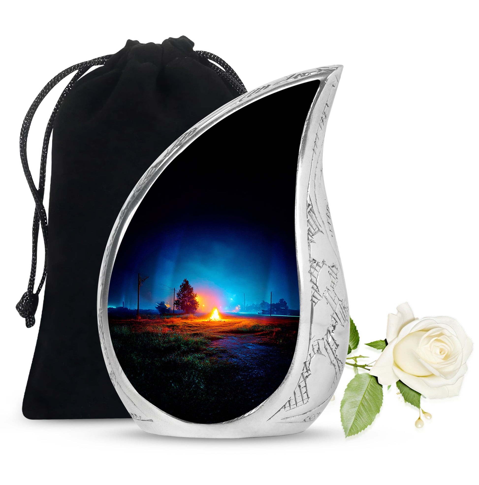 Slate Blue Campfire Cremation Urn front view showing detailed design - rounded teardrop campfire design with delicate detail - full-size 10 inch 200 cubic inch adult cremation urn