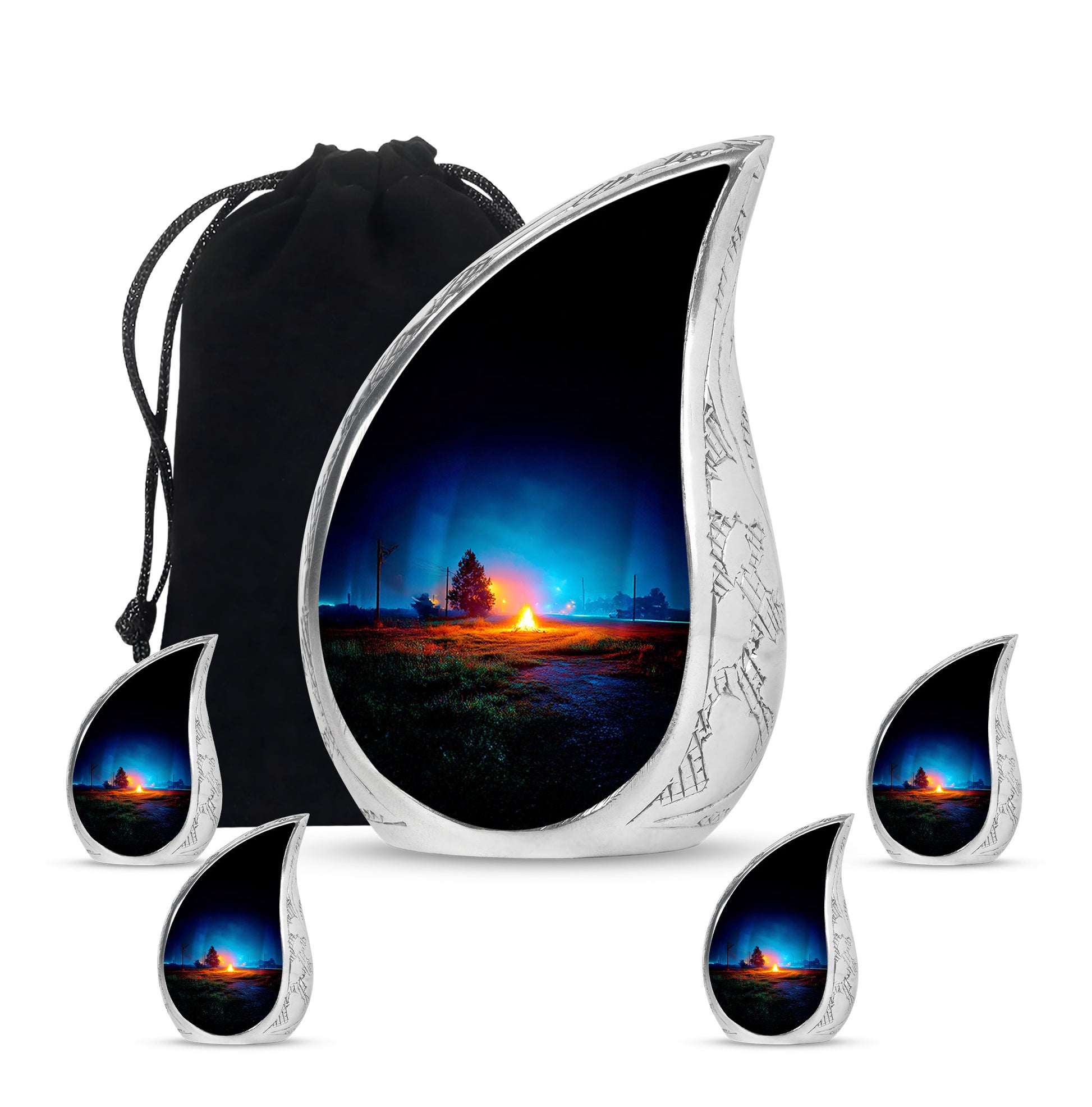 Twilight Blue Campfire Cremation Urn side profile showing urn shape - smooth teardrop contour featuring campfire art - memorial set with one large and four small urns