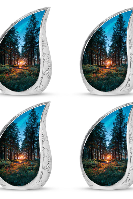 Soft Blue Campfire Cremation Urn close-up of engraving and surface detail - graceful tear-shaped urn with campfire motif - 10 inch aluminum urn for cremated remains