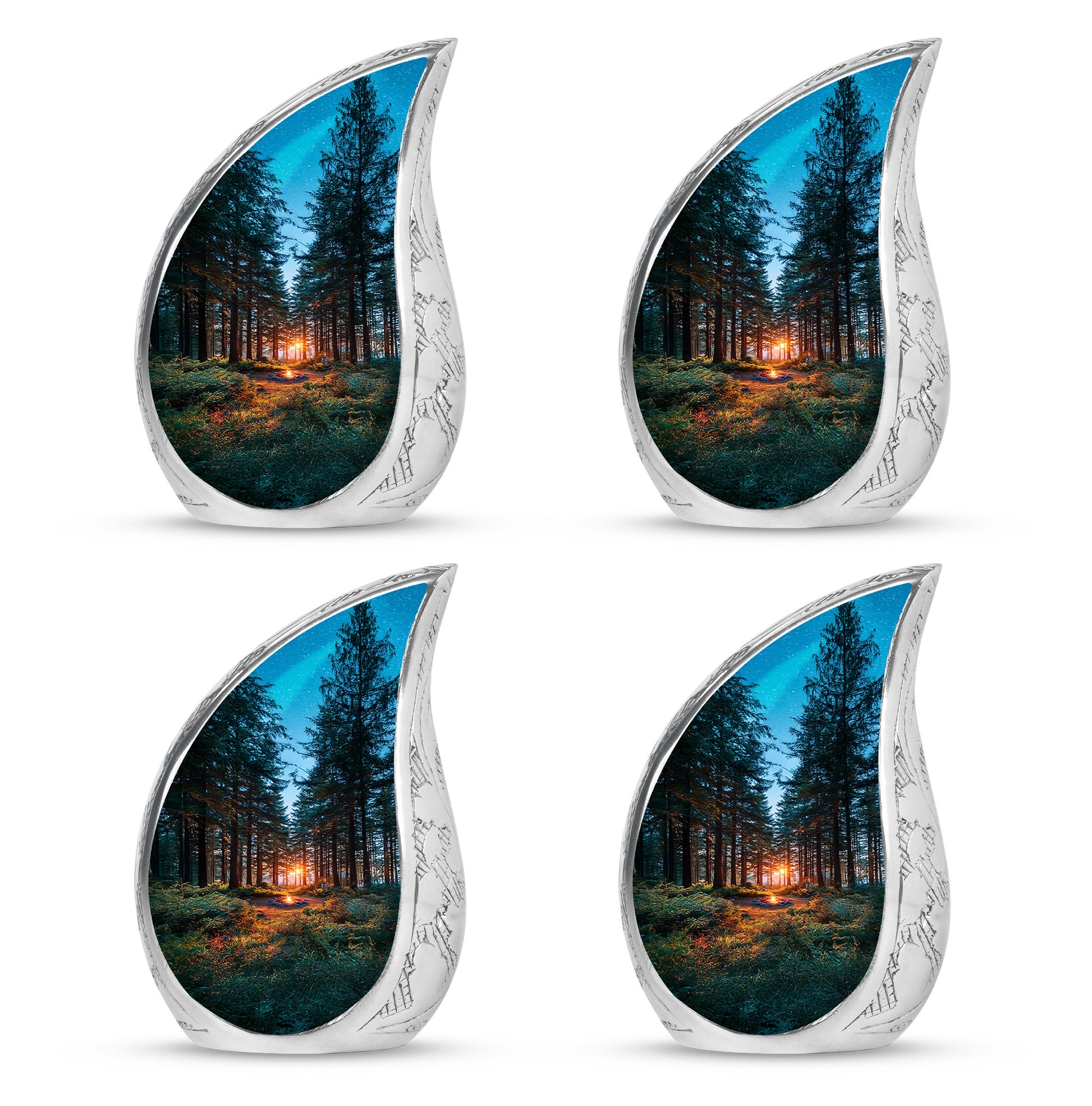 Soft Blue Campfire Cremation Urn close-up of engraving and surface detail - graceful tear-shaped urn with campfire motif - 10 inch aluminum urn for cremated remains
