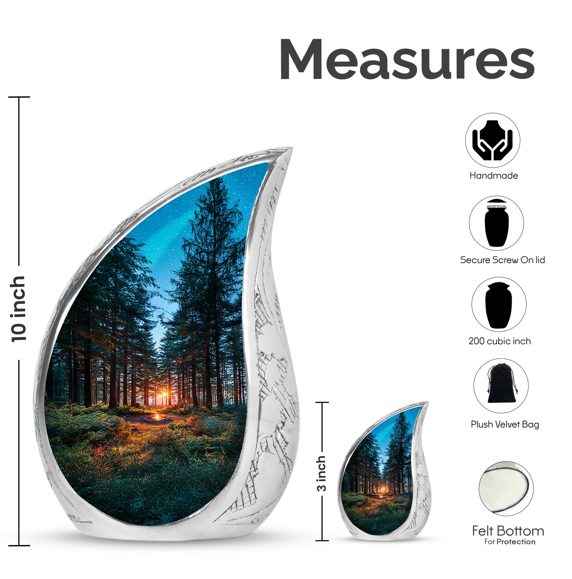 Navy Blue Campfire Cremation Urn angled view of lid and engraved motif - flowing teardrop campfire silhouette on curved aluminum - mini keepsake memorial for portion of cremation ashes