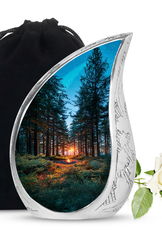 Bright Blue Campfire Cremation Urn front view showing detailed design - graceful tear-shaped urn with campfire motif - full-size 10 inch 200 cubic inch adult cremation urn