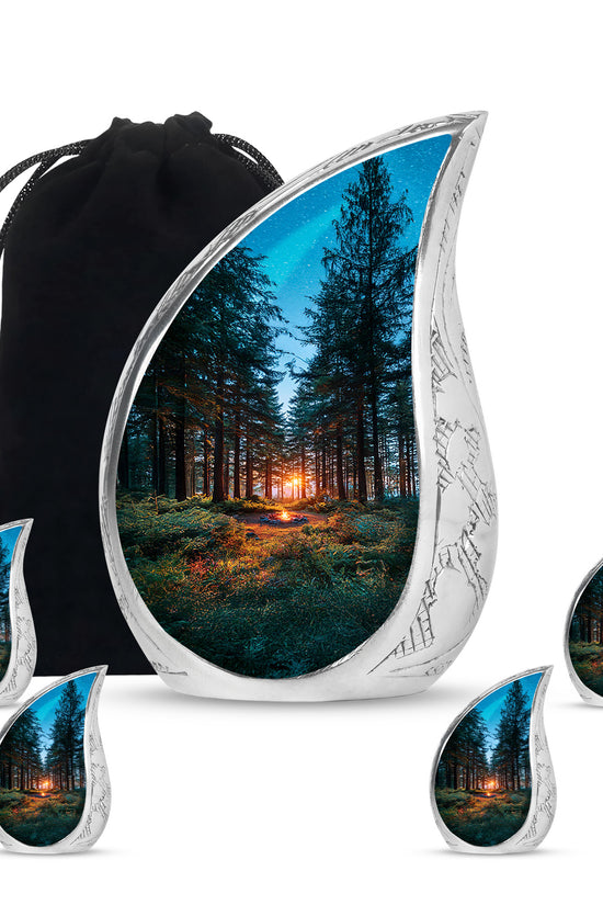 Icy Blue Campfire Cremation Urn side profile showing urn shape - flowing teardrop campfire silhouette on curved aluminum - memorial set with one large and four small urns