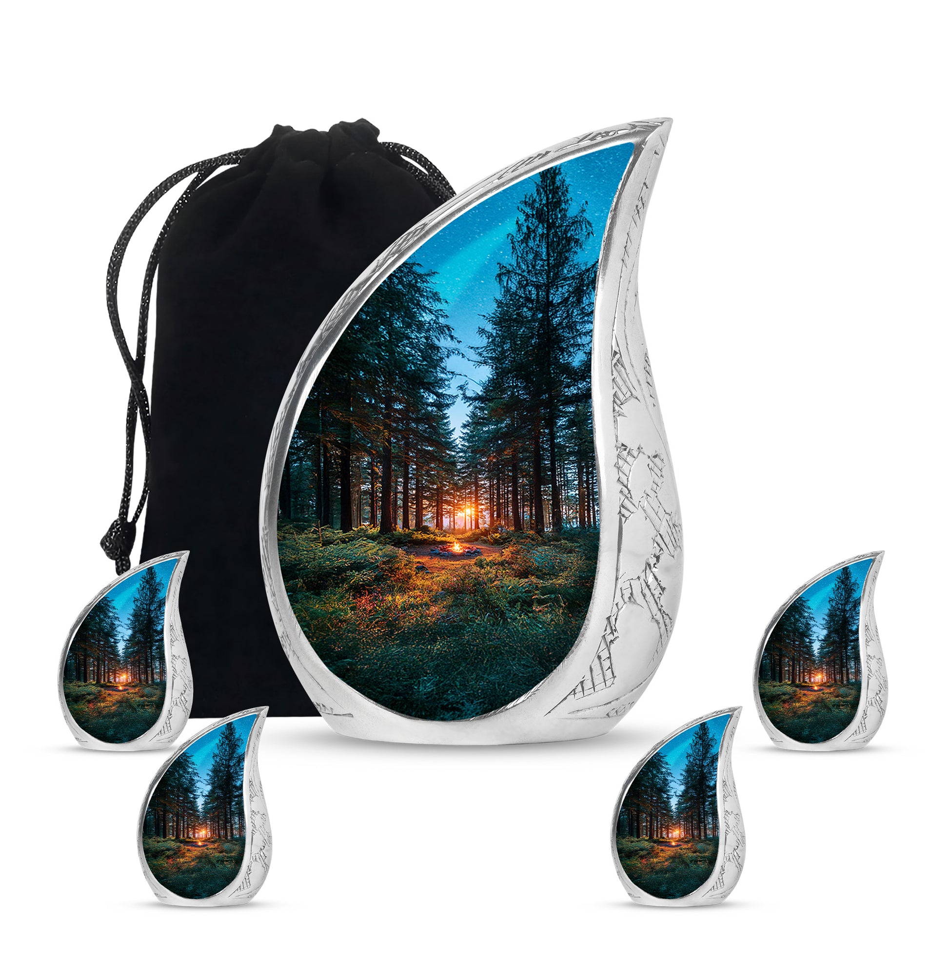 Icy Blue Campfire Cremation Urn side profile showing urn shape - flowing teardrop campfire silhouette on curved aluminum - memorial set with one large and four small urns