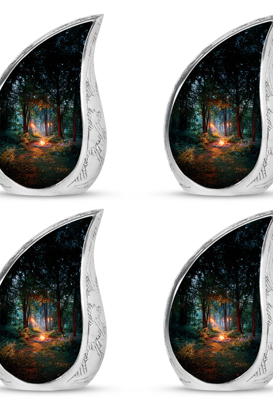 Rich Black Campfire Cremation Urn close-up of engraving and surface detail - flowing teardrop campfire silhouette on curved aluminum - 10 inch aluminum urn for cremated remains