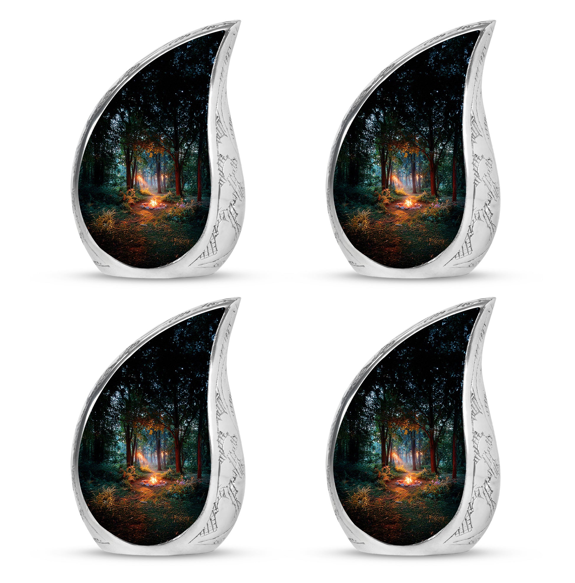 Rich Black Campfire Cremation Urn close-up of engraving and surface detail - flowing teardrop campfire silhouette on curved aluminum - 10 inch aluminum urn for cremated remains