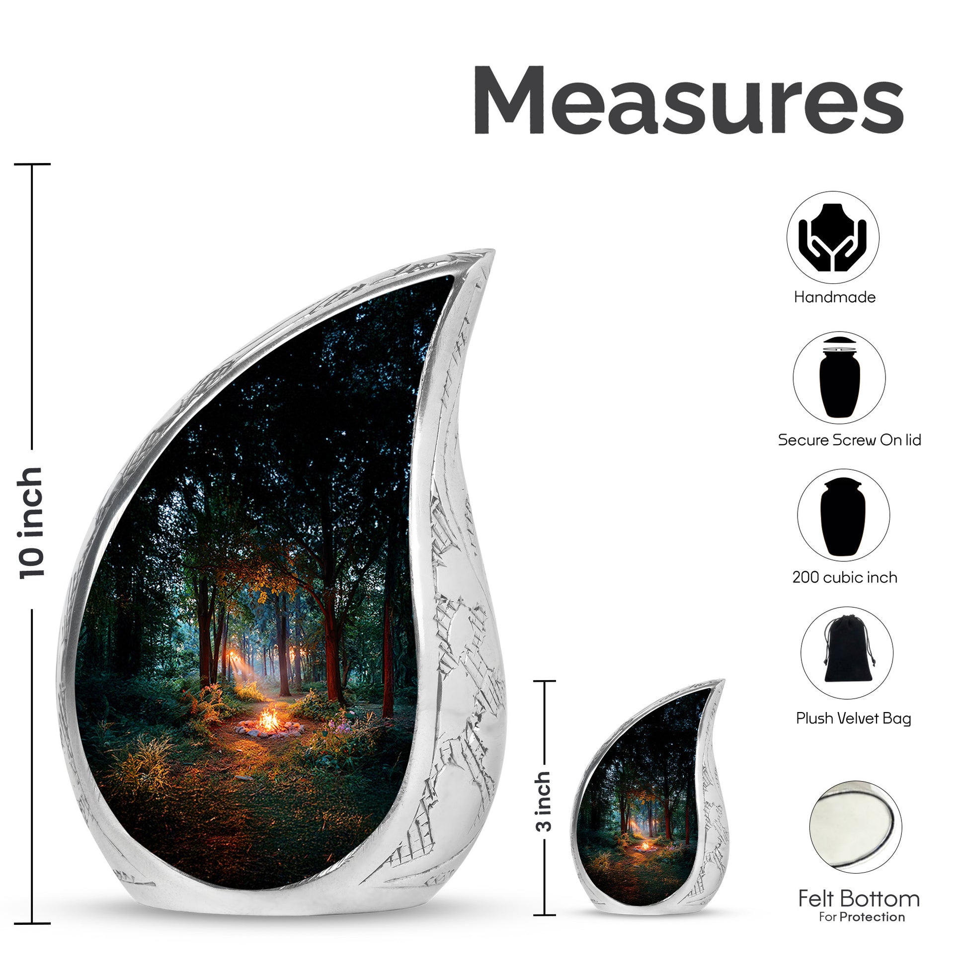 Rich Black Campfire Cremation Urn angled view of lid and engraved motif - flowing teardrop campfire silhouette on curved aluminum - mini keepsake memorial for portion of cremation ashes
