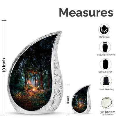 Rich Black Campfire Cremation Urn angled view of lid and engraved motif - flowing teardrop campfire silhouette on curved aluminum - mini keepsake memorial for portion of cremation ashes