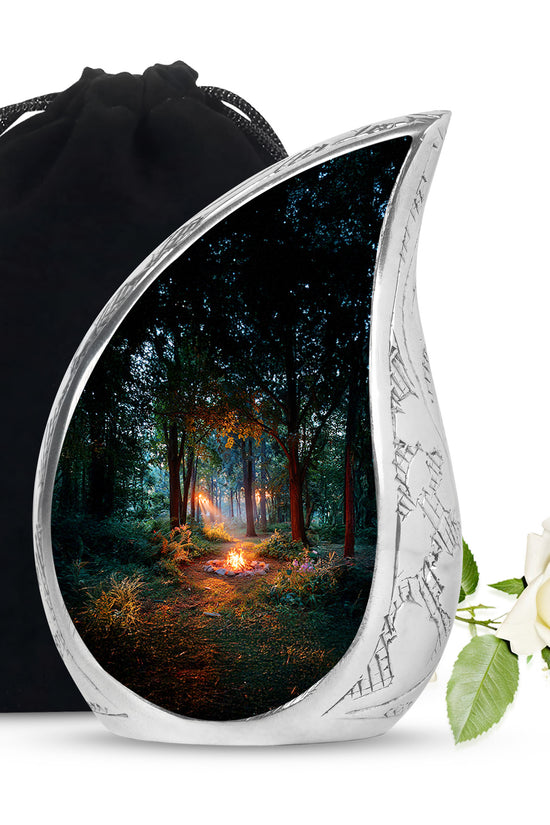 Midnight Black Campfire Cremation Urn front view showing detailed design - smooth teardrop contour featuring campfire art - full-size 10 inch 200 cubic inch adult cremation urn
