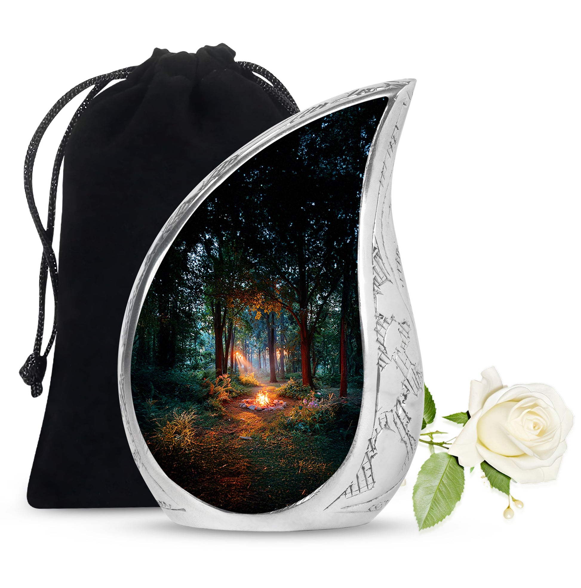 Midnight Black Campfire Cremation Urn front view showing detailed design - smooth teardrop contour featuring campfire art - full-size 10 inch 200 cubic inch adult cremation urn