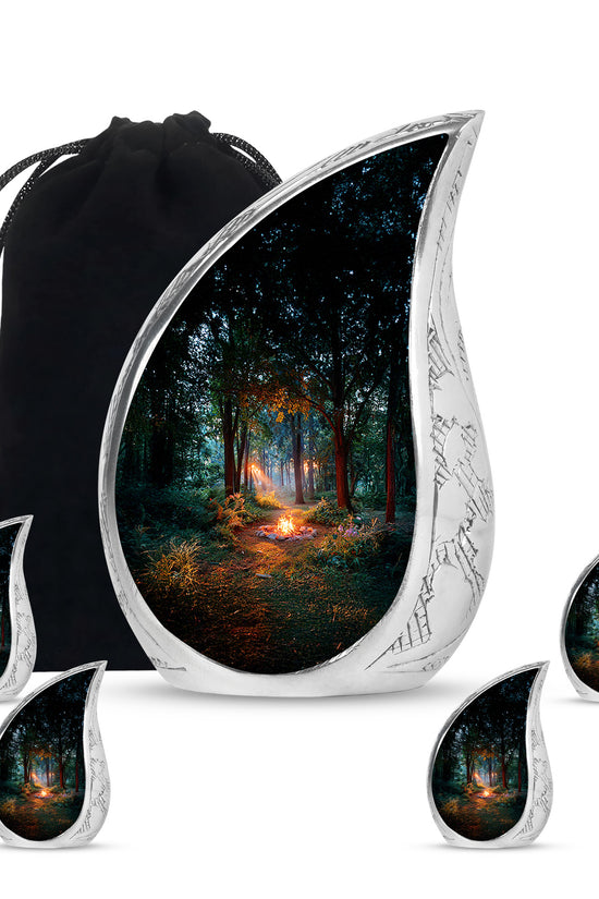 Dark Black Campfire Cremation Urn side profile showing urn shape - graceful tear-shaped urn with campfire motif - memorial set with one large and four small urns