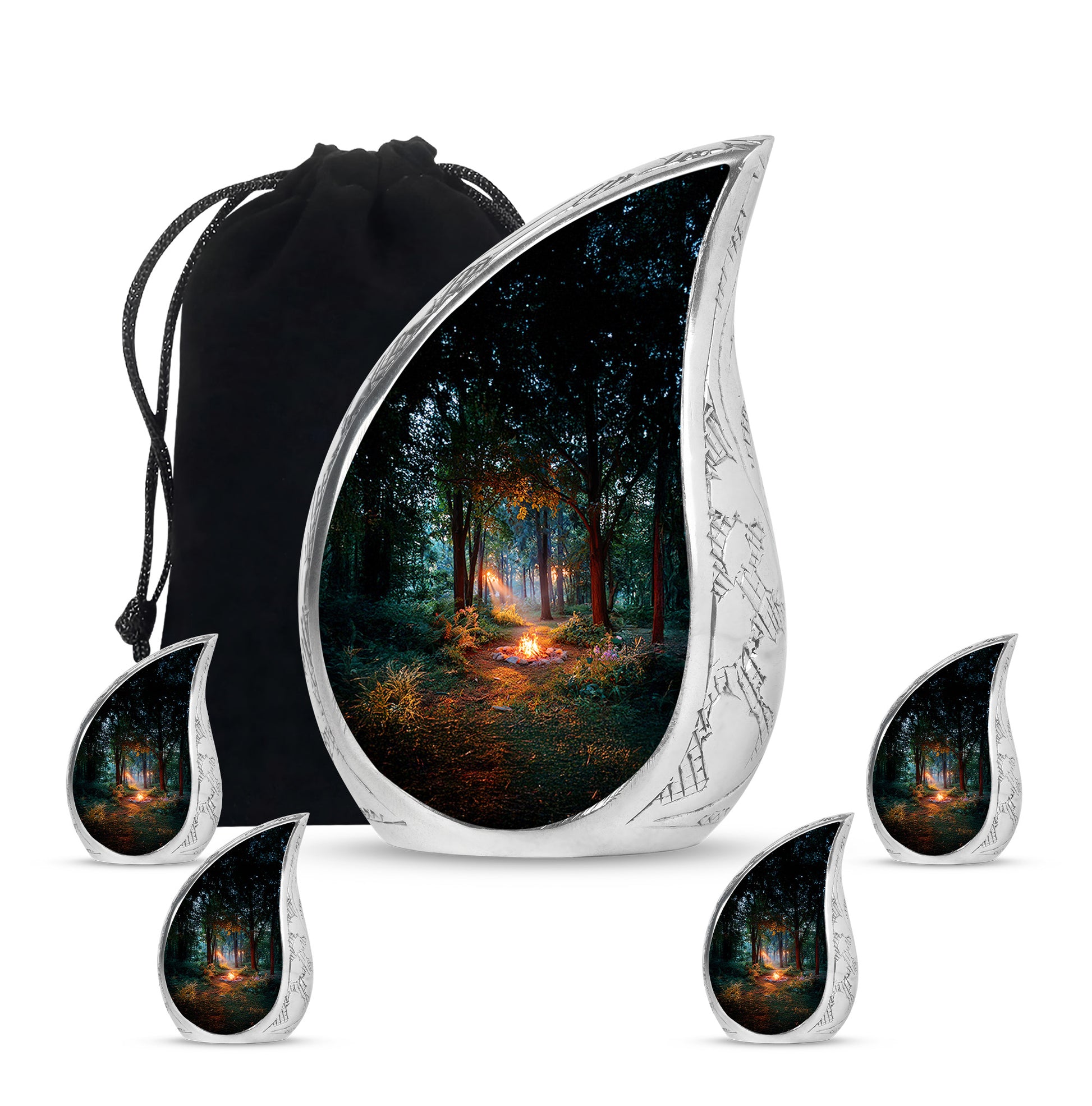 Dark Black Campfire Cremation Urn side profile showing urn shape - graceful tear-shaped urn with campfire motif - memorial set with one large and four small urns