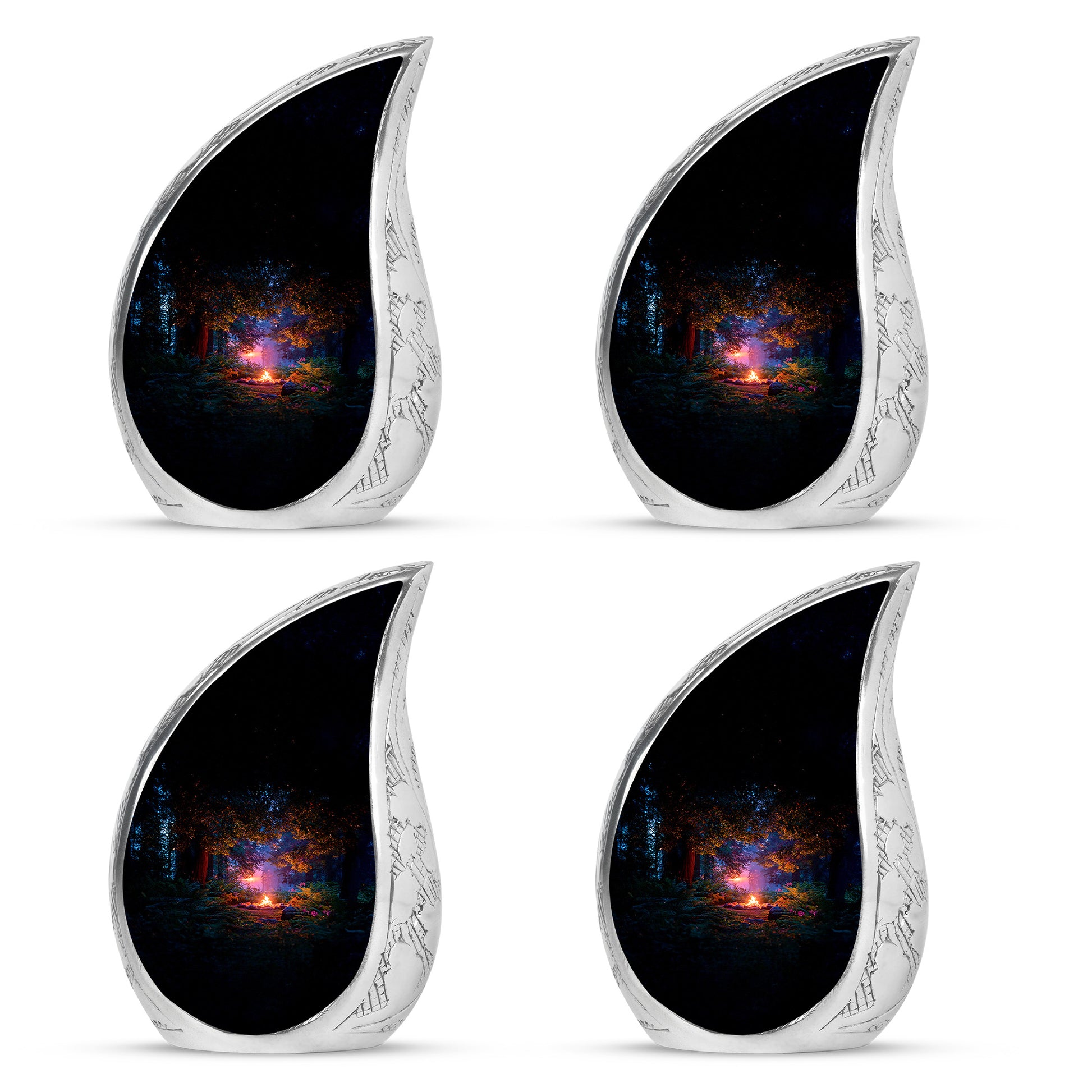 Glossy Black Campfire Cremation Urn close-up of engraving and surface detail - flowing teardrop campfire silhouette on curved aluminum - 10 inch aluminum urn for cremated remains