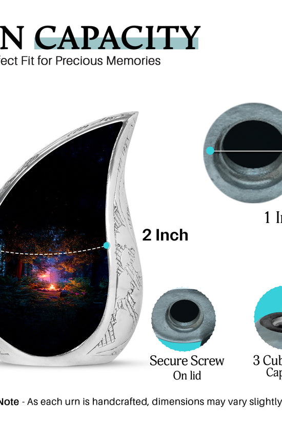 Ebony Campfire Cremation Urn angled view of lid and engraved motif - rounded teardrop campfire design with delicate detail - mini keepsake memorial for portion of cremation ashes