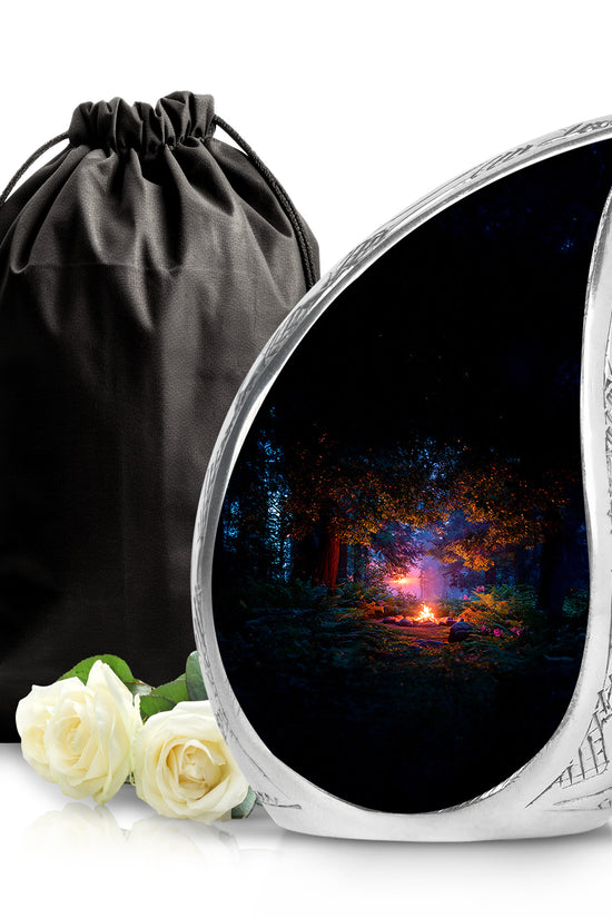 Jet Black Campfire Cremation Urn front view showing detailed design - rounded teardrop campfire design with delicate detail - full-size 10 inch 200 cubic inch adult cremation urn
