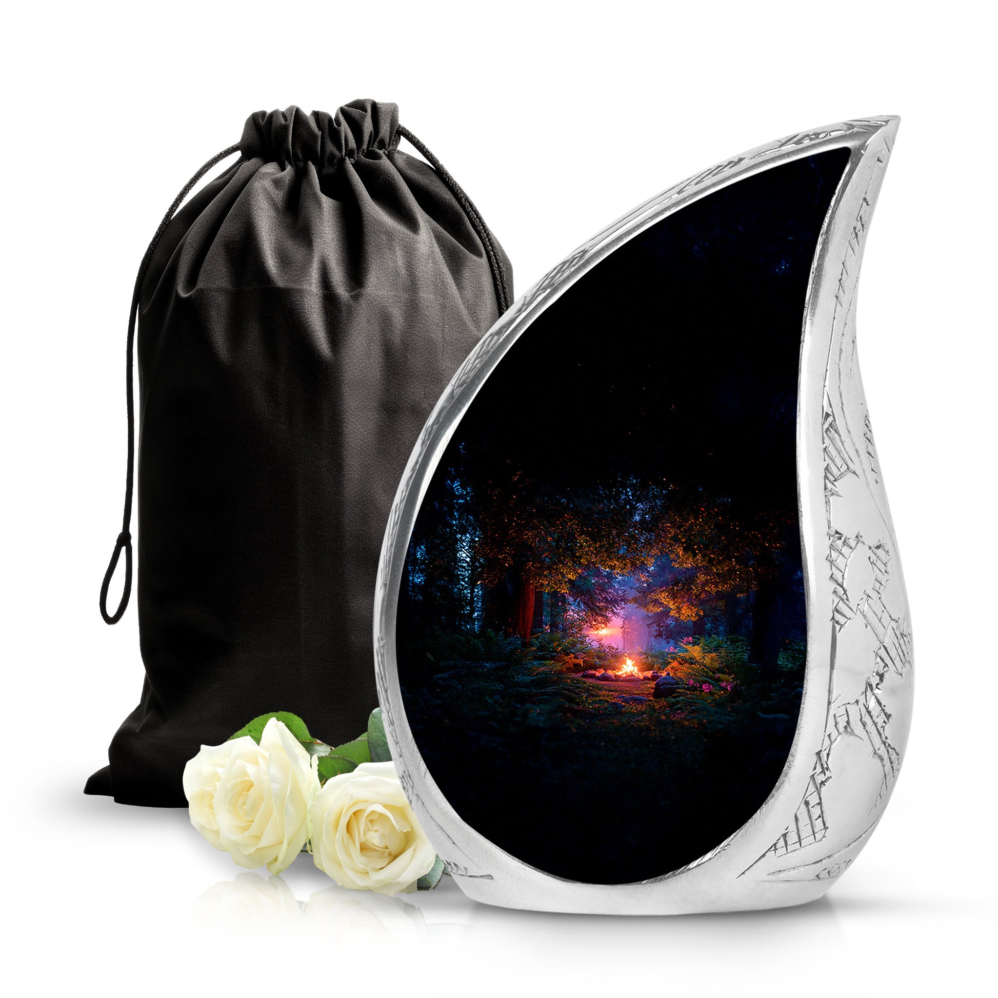 Jet Black Campfire Cremation Urn front view showing detailed design - rounded teardrop campfire design with delicate detail - full-size 10 inch 200 cubic inch adult cremation urn