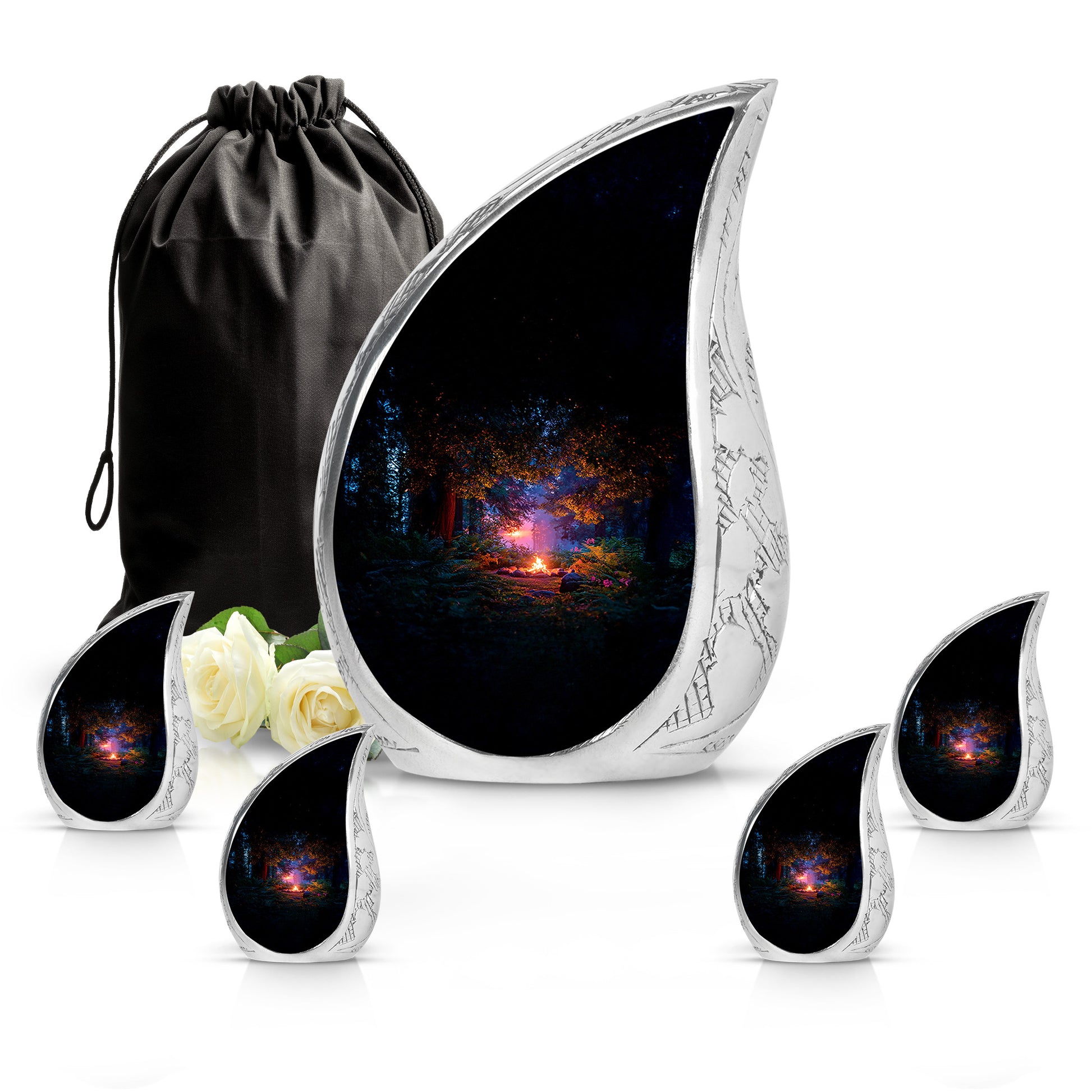 Charcoal Black Campfire Cremation Urn side profile showing urn shape - smooth teardrop contour featuring campfire art - memorial set with one large and four small urns