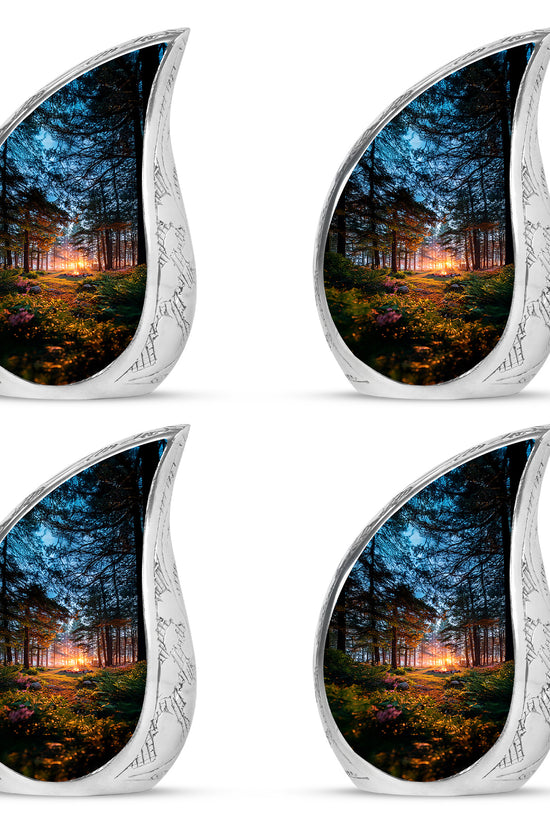 Rich Black Campfire Cremation Urn close-up of engraving and surface detail - rounded teardrop campfire design with delicate detail - 10 inch aluminum urn for cremated remains