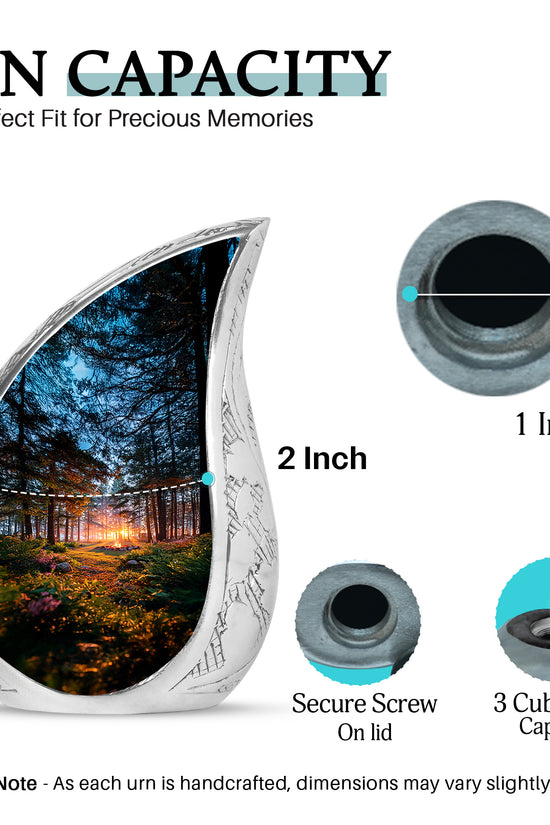 Midnight Black Campfire Cremation Urn angled view of lid and engraved motif - smooth teardrop contour featuring campfire art - mini keepsake memorial for portion of cremation ashes