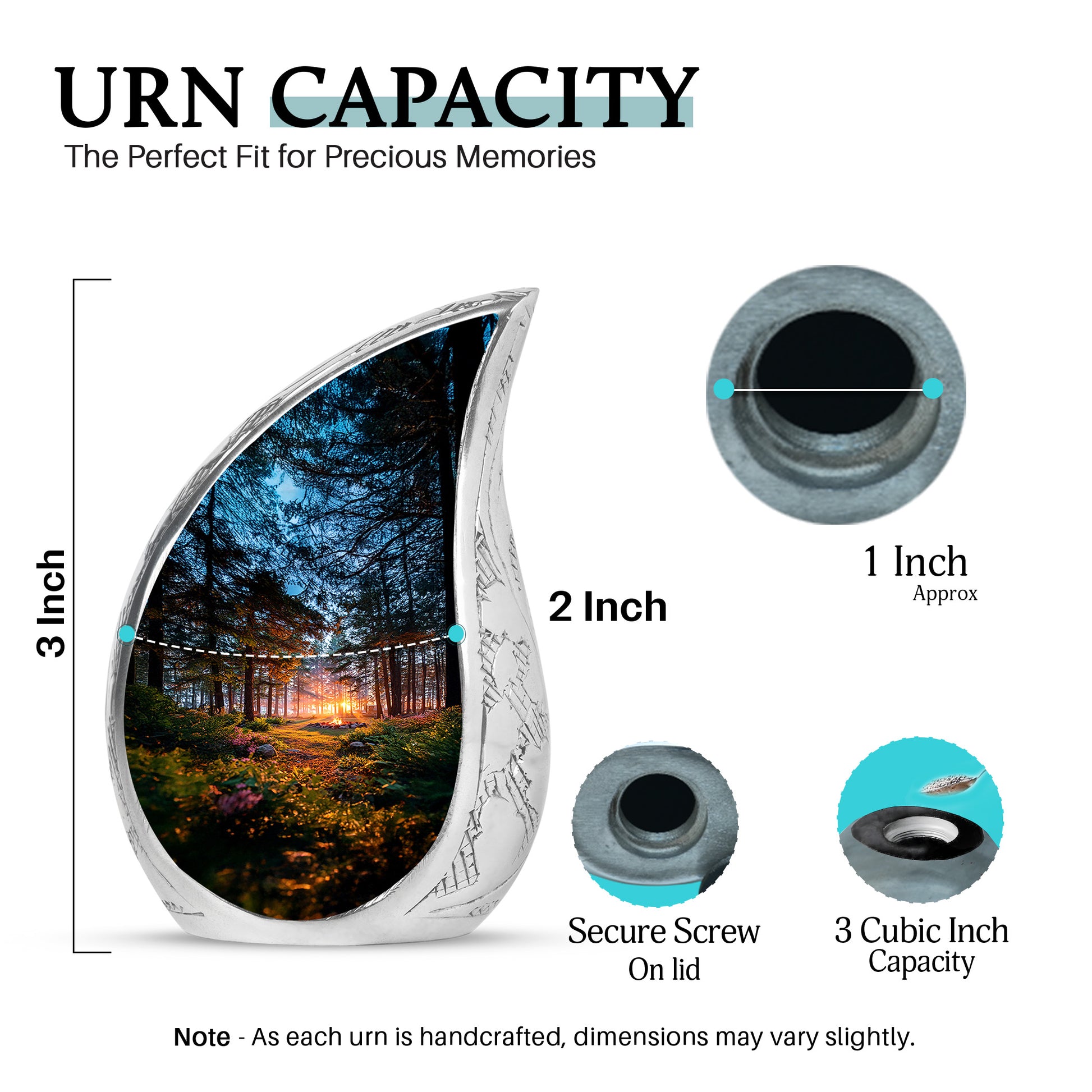 Midnight Black Campfire Cremation Urn angled view of lid and engraved motif - smooth teardrop contour featuring campfire art - mini keepsake memorial for portion of cremation ashes