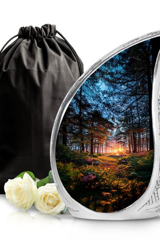 Deep Black Campfire Cremation Urn front view showing detailed design - rounded teardrop campfire design with delicate detail - full-size 10 inch 200 cubic inch adult cremation urn