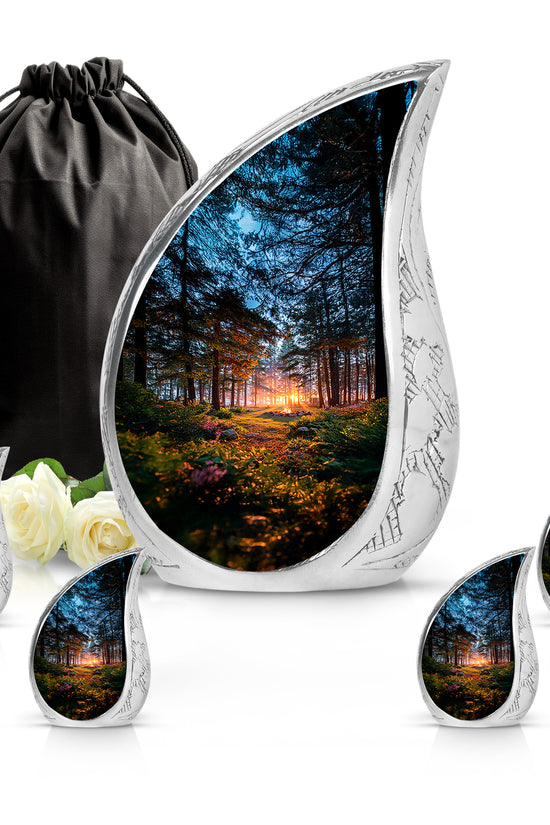 Midnight Black Campfire Cremation Urn side profile showing urn shape - smooth teardrop contour featuring campfire art - memorial set with one large and four small urns