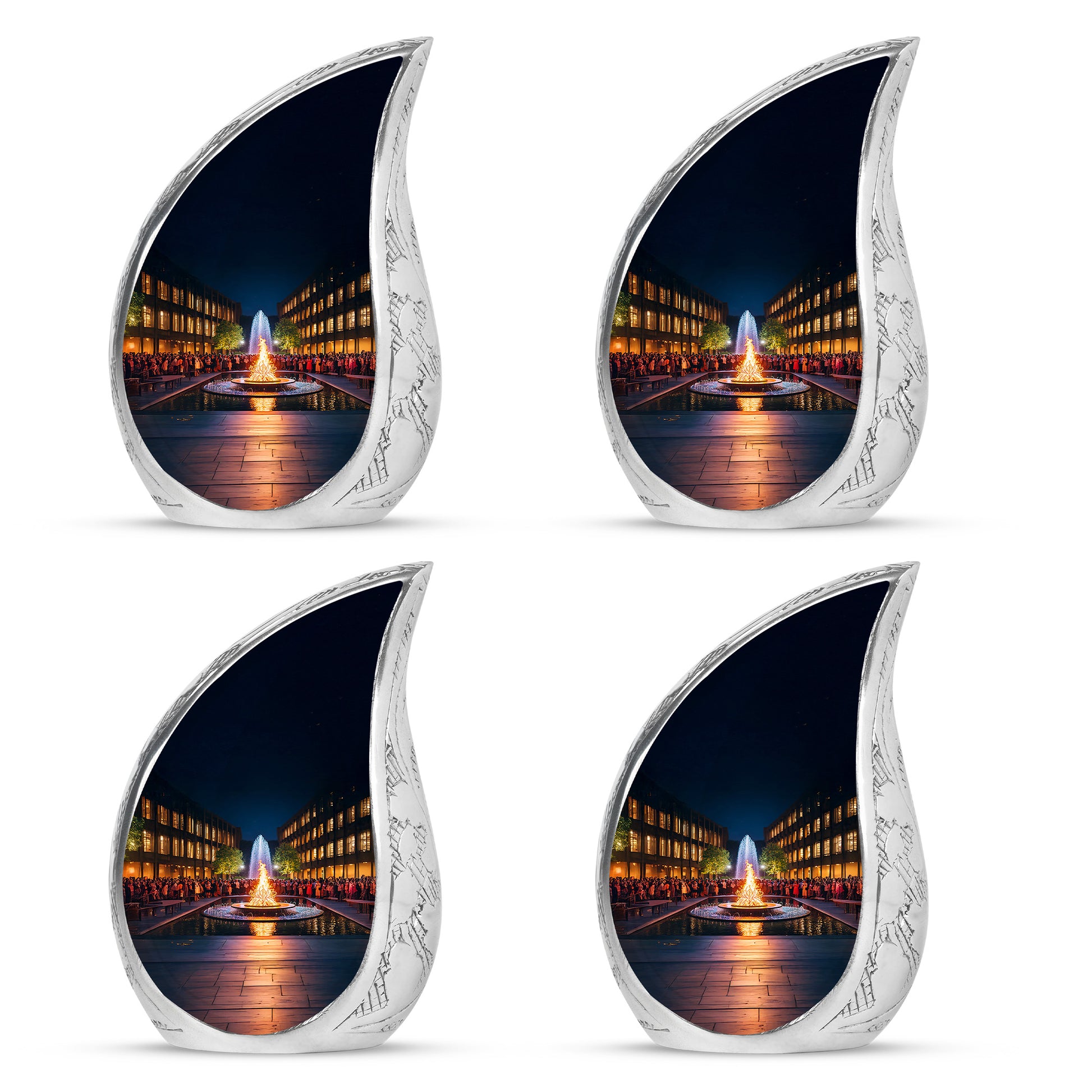 Rich Black Campfire Cremation Urn close-up of engraving and surface detail - rounded teardrop campfire design with delicate detail - 10 inch aluminum urn for cremated remains