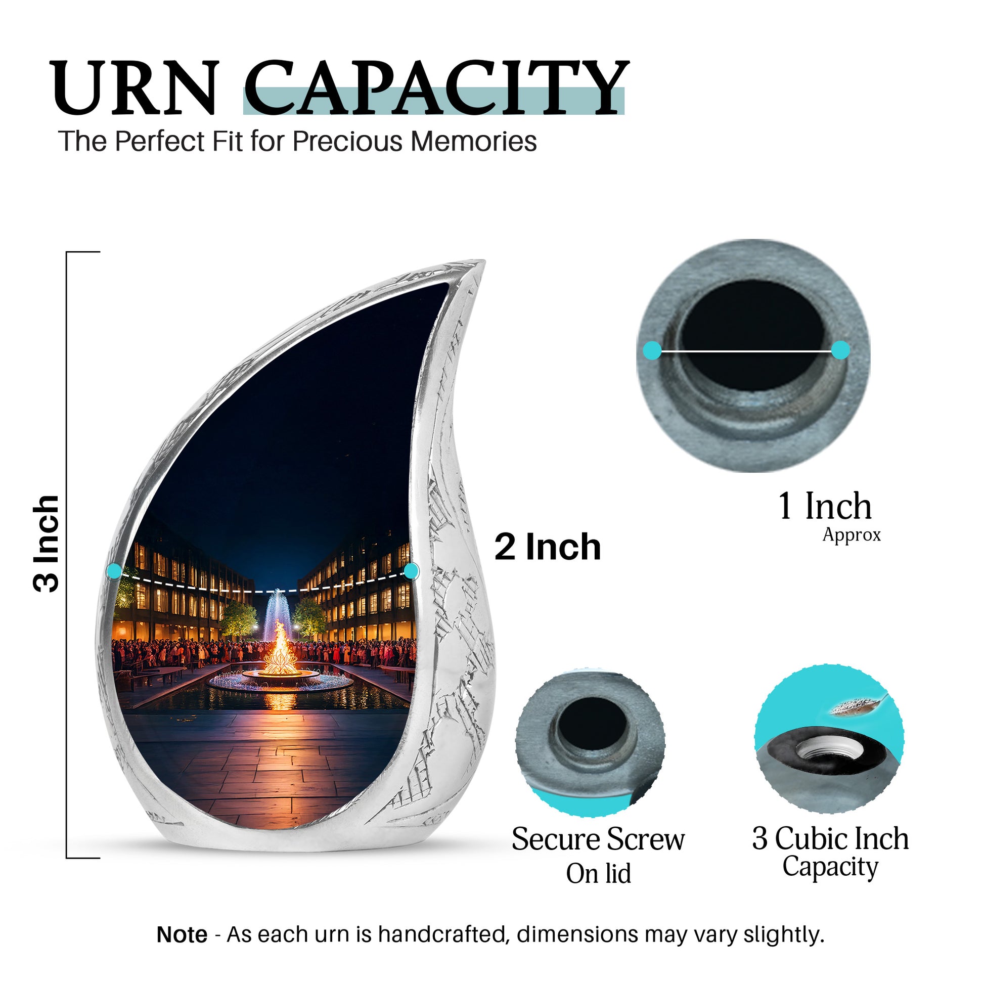 Glossy Black Campfire Cremation Urn angled view of lid and engraved motif - rounded teardrop campfire design with delicate detail - mini keepsake memorial for portion of cremation ashes