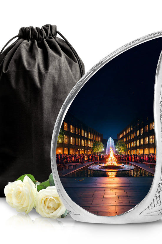 Charcoal Black Campfire Cremation Urn front view showing detailed design - graceful tear-shaped urn with campfire motif - full-size 10 inch 200 cubic inch adult cremation urn