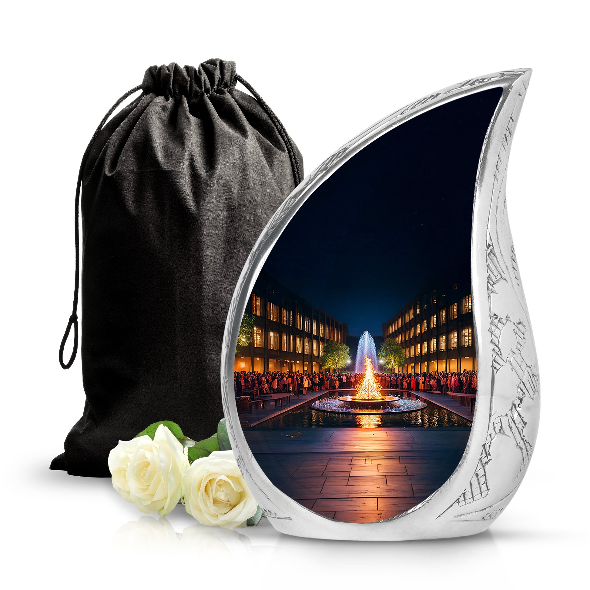 Charcoal Black Campfire Cremation Urn front view showing detailed design - graceful tear-shaped urn with campfire motif - full-size 10 inch 200 cubic inch adult cremation urn