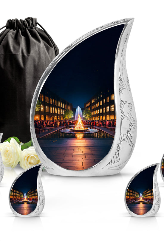 Obsidian Black Campfire Cremation Urn side profile showing urn shape - graceful tear-shaped urn with campfire motif - memorial set with one large and four small urns