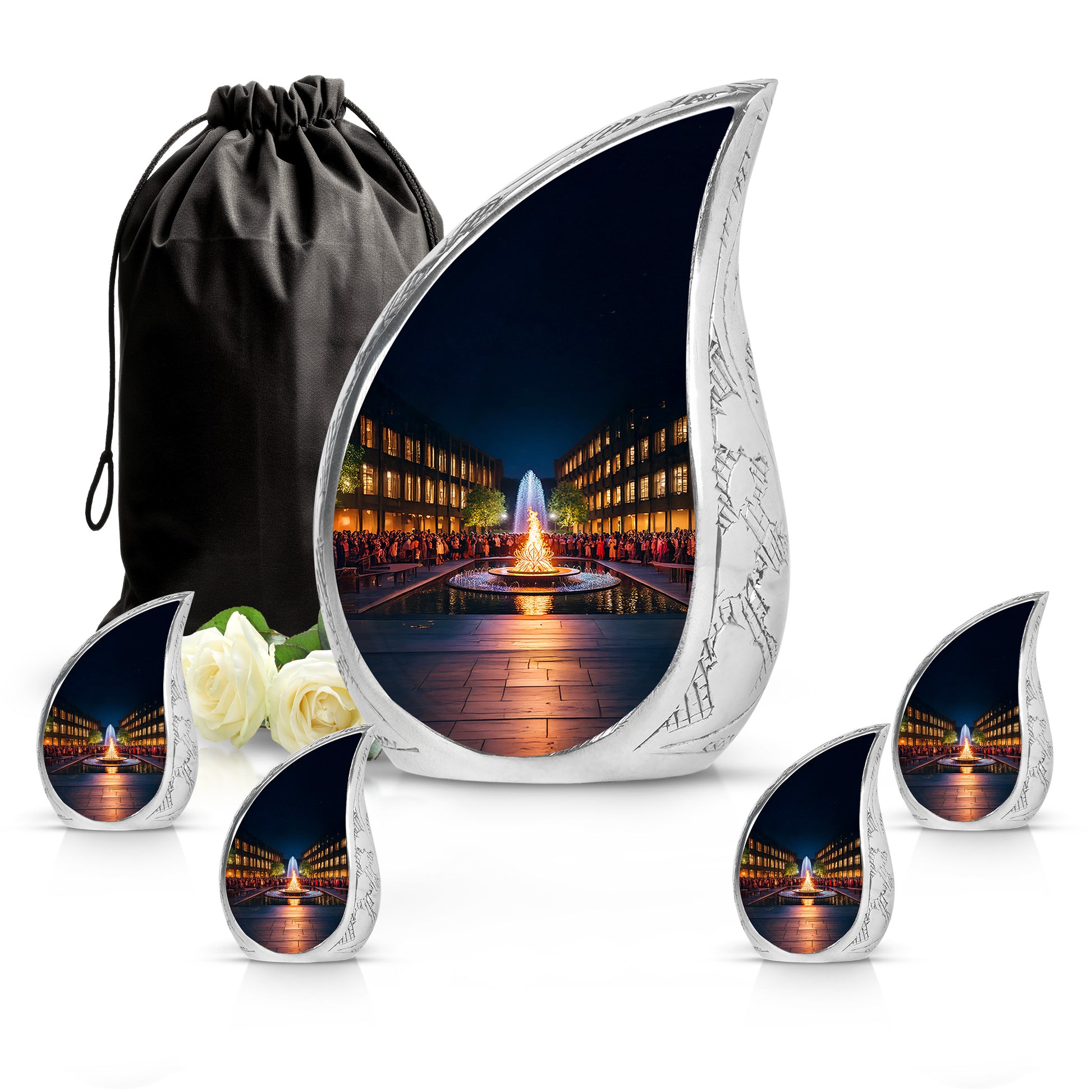 Obsidian Black Campfire Cremation Urn side profile showing urn shape - graceful tear-shaped urn with campfire motif - memorial set with one large and four small urns