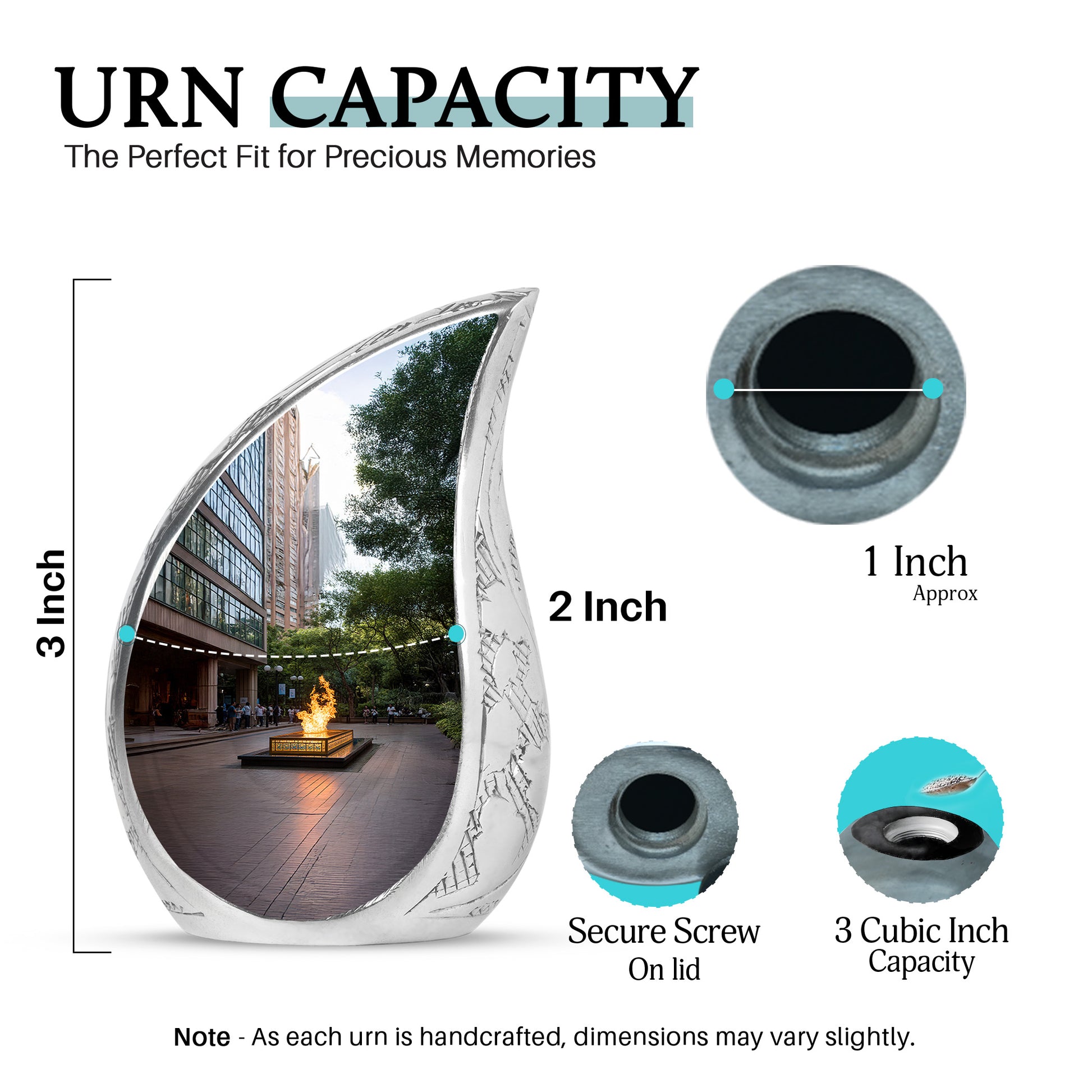Rich Black Campfire Cremation Urn angled view of lid and engraved motif - rounded teardrop campfire design with delicate detail - mini keepsake memorial for portion of cremation ashes
