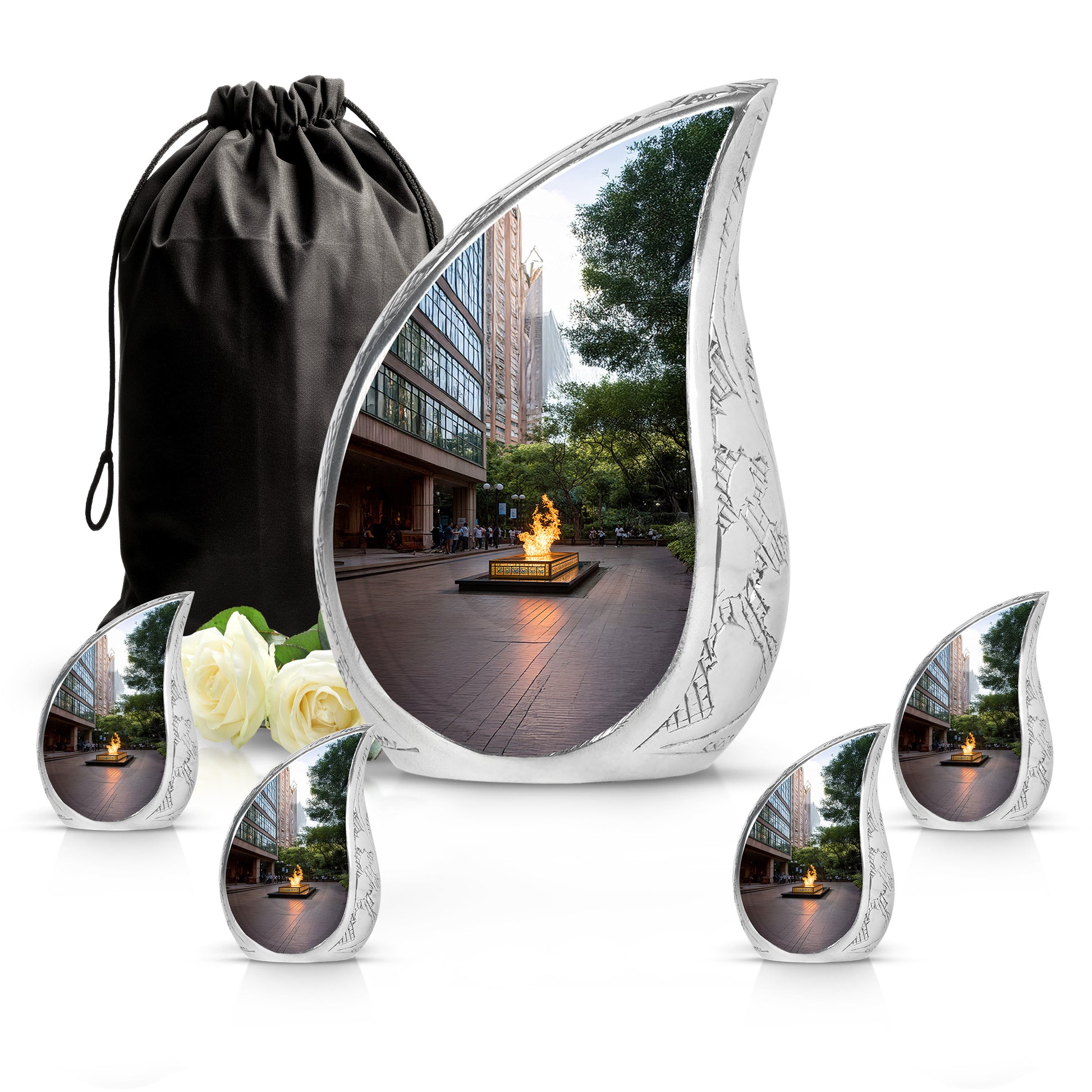Onyx Black Campfire Cremation Urn side profile showing urn shape - graceful tear-shaped urn with campfire motif - memorial set with one large and four small urns