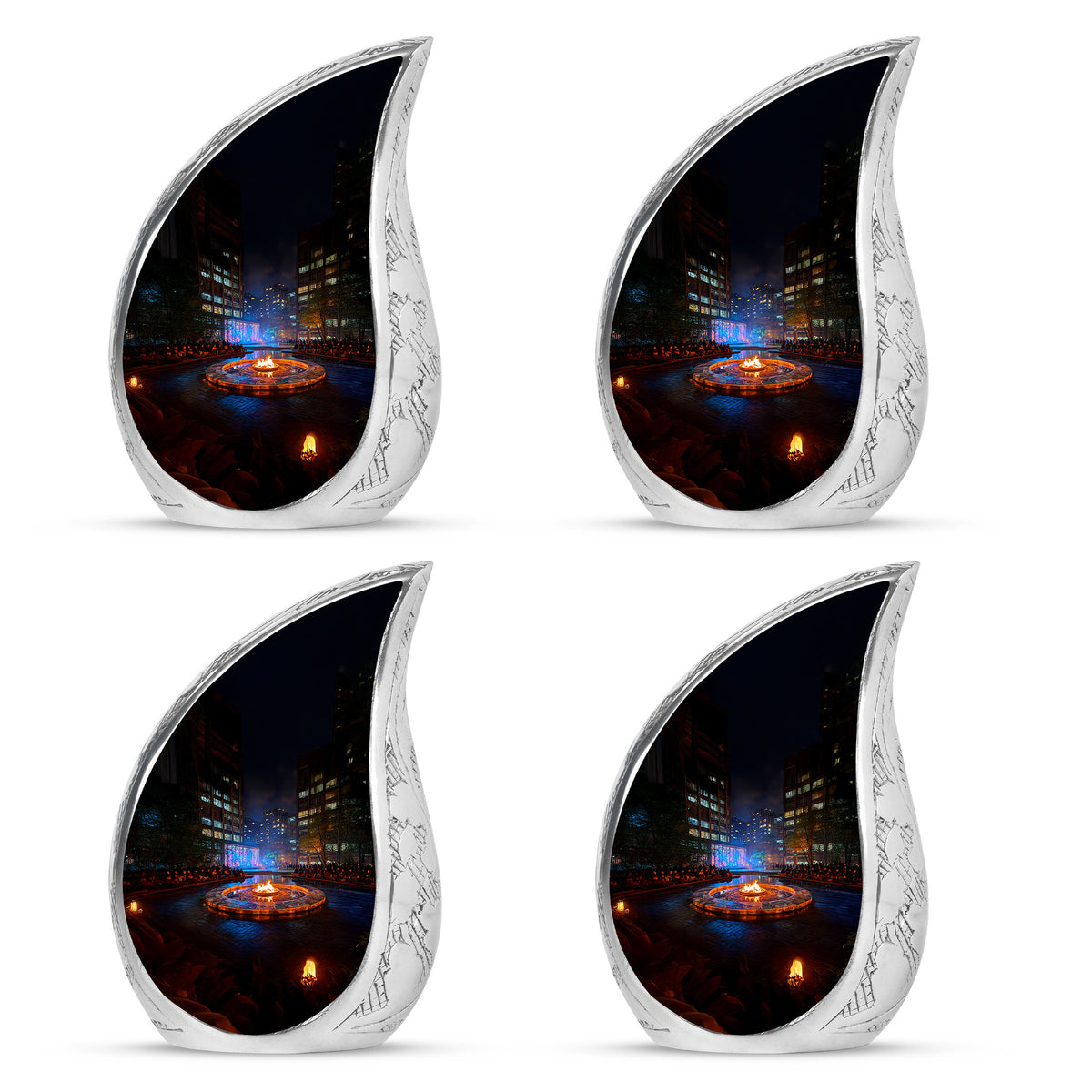 Charcoal Black Campfire Cremation Urn close-up of engraving and surface detail - smooth teardrop contour featuring campfire art - 10 inch aluminum urn for cremated remains