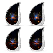 Charcoal Black Campfire Cremation Urn close-up of engraving and surface detail - smooth teardrop contour featuring campfire art - 10 inch aluminum urn for cremated remains