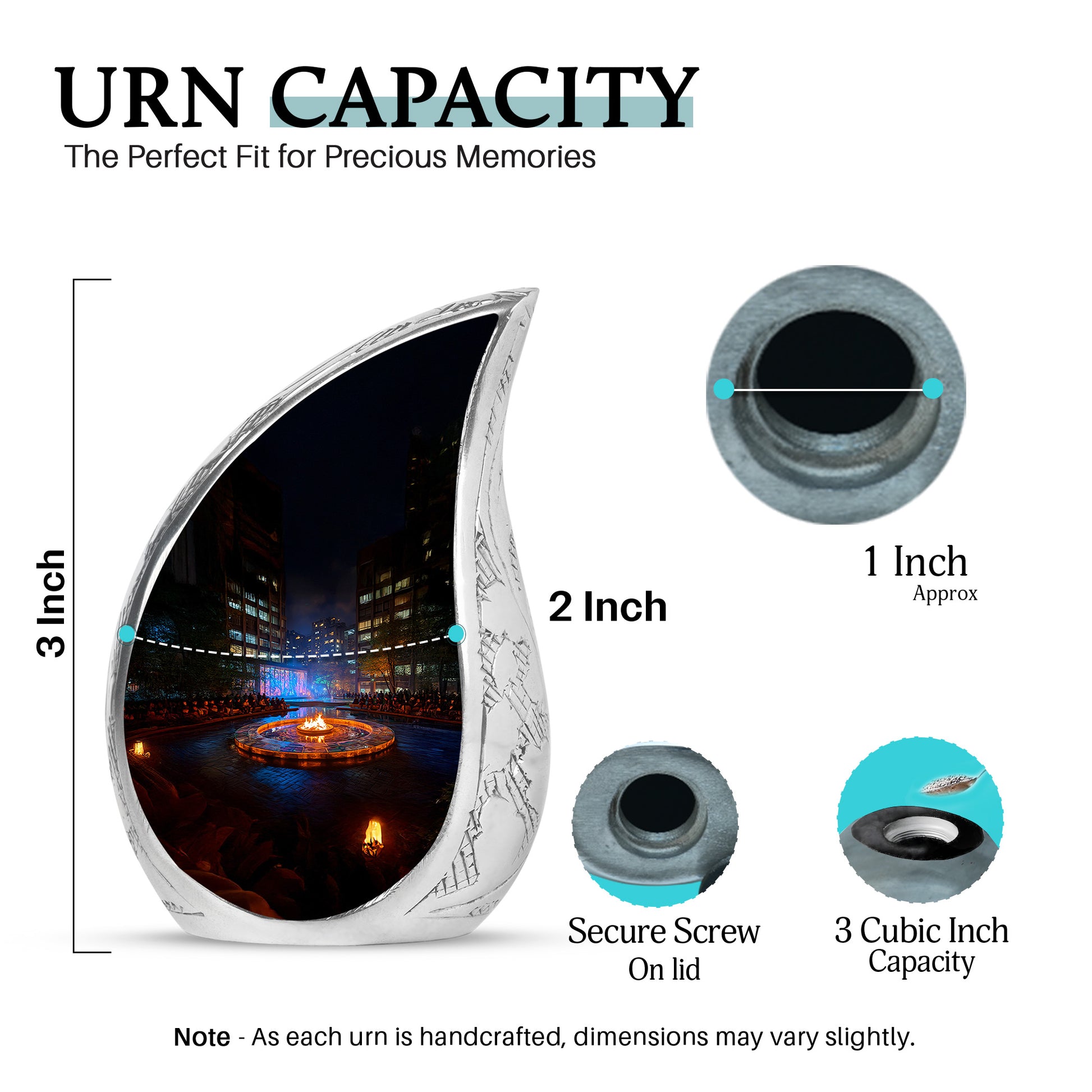 Midnight Black Campfire Cremation Urn angled view of lid and engraved motif - graceful tear-shaped urn with campfire motif - mini keepsake memorial for portion of cremation ashes