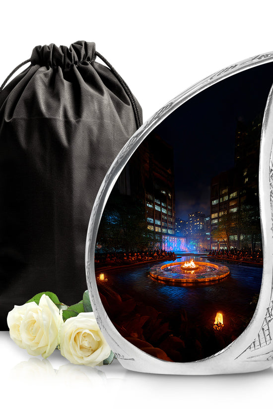 Dark Black Campfire Cremation Urn front view showing detailed design - smooth teardrop contour featuring campfire art - full-size 10 inch 200 cubic inch adult cremation urn