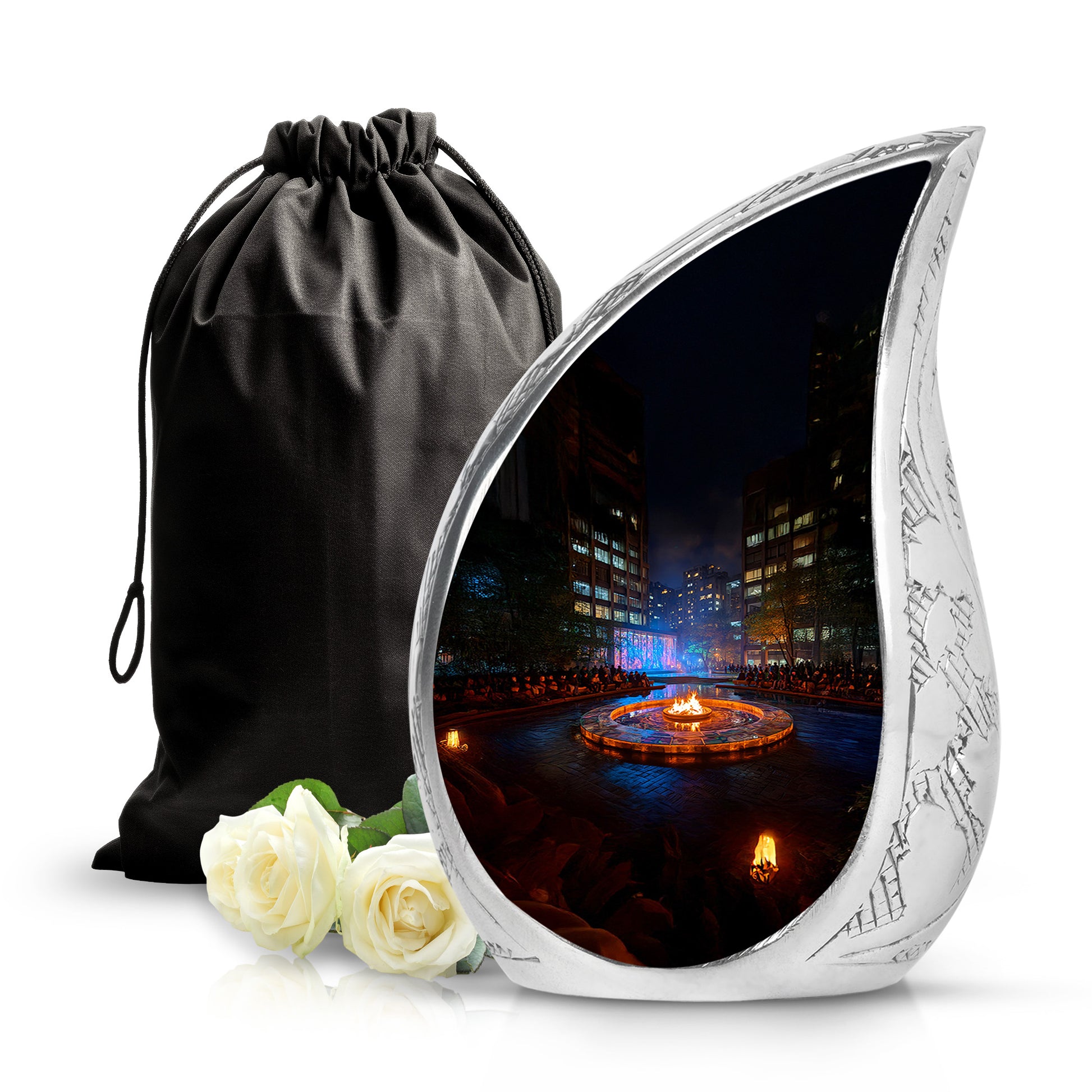 Dark Black Campfire Cremation Urn front view showing detailed design - smooth teardrop contour featuring campfire art - full-size 10 inch 200 cubic inch adult cremation urn