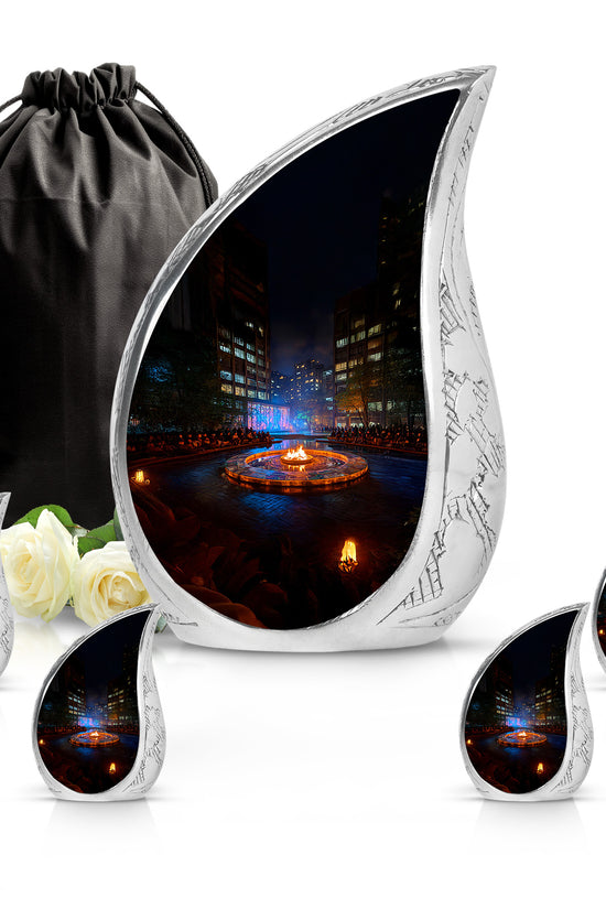 Ebony Campfire Cremation Urn side profile showing urn shape - flowing teardrop campfire silhouette on curved aluminum - memorial set with one large and four small urns