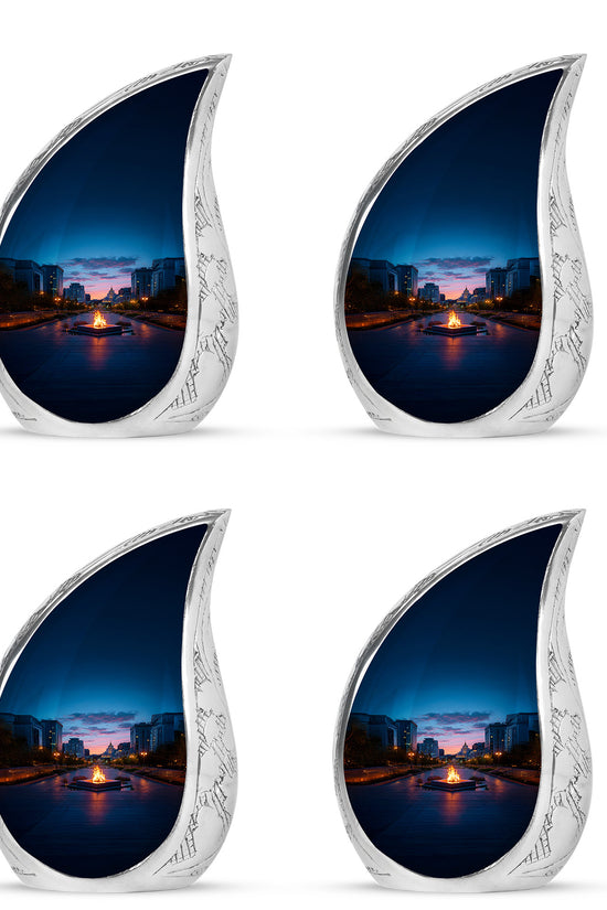 Icy Blue Campfire Cremation Urn close-up of engraving and surface detail - rounded teardrop campfire design with delicate detail - 10 inch aluminum urn for cremated remains