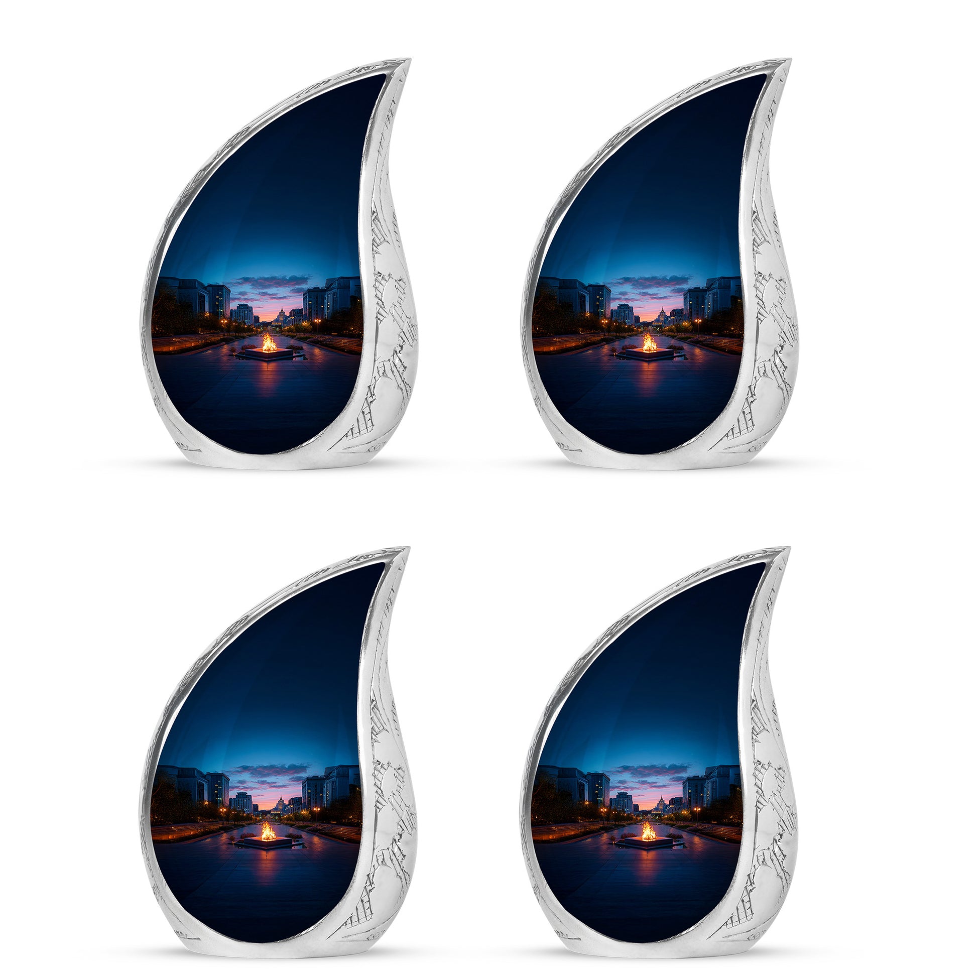 Icy Blue Campfire Cremation Urn close-up of engraving and surface detail - rounded teardrop campfire design with delicate detail - 10 inch aluminum urn for cremated remains