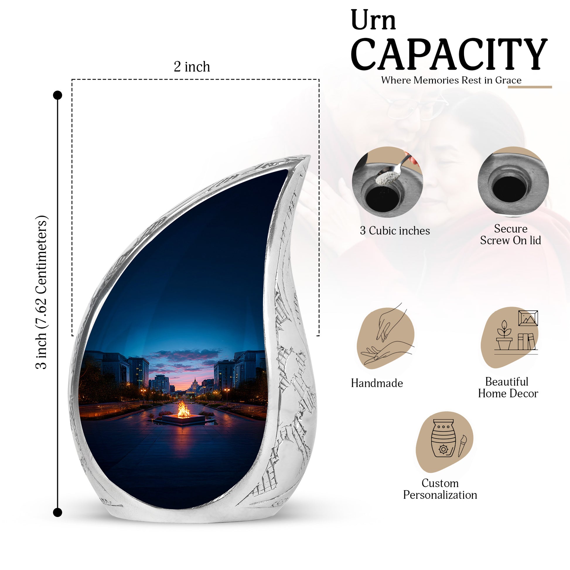 Serene Blue Campfire Cremation Urn angled view of lid and engraved motif - smooth teardrop contour featuring campfire art - mini keepsake memorial for portion of cremation ashes