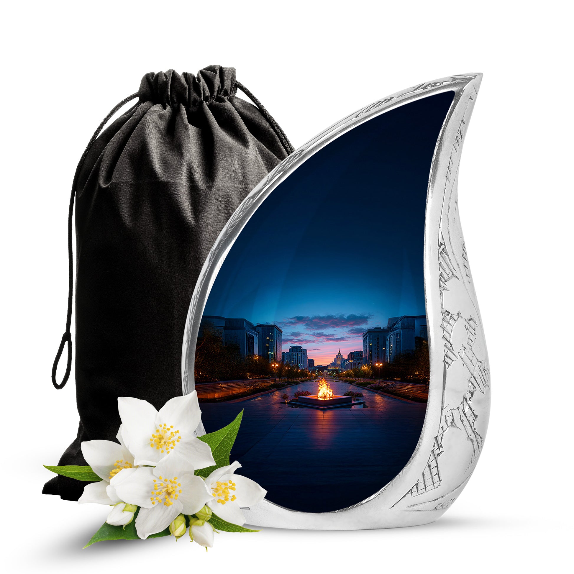 Steel Blue Campfire Cremation Urn front view showing detailed design - smooth teardrop contour featuring campfire art - full-size 10 inch 200 cubic inch adult cremation urn