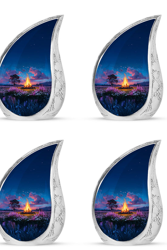 Serene Blue Campfire Cremation Urn close-up of engraving and surface detail - graceful tear-shaped urn with campfire motif - 10 inch aluminum urn for cremated remains