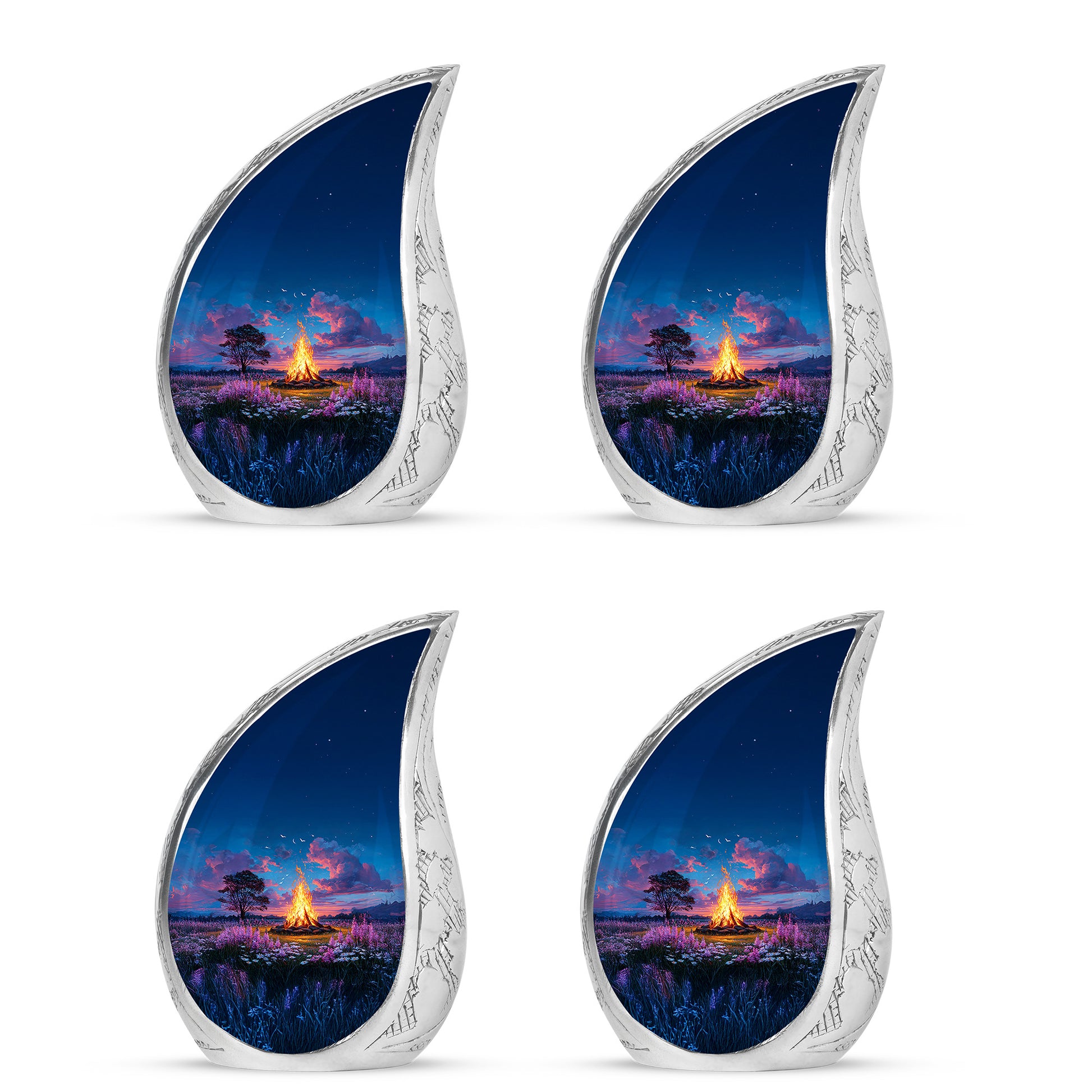 Serene Blue Campfire Cremation Urn close-up of engraving and surface detail - graceful tear-shaped urn with campfire motif - 10 inch aluminum urn for cremated remains